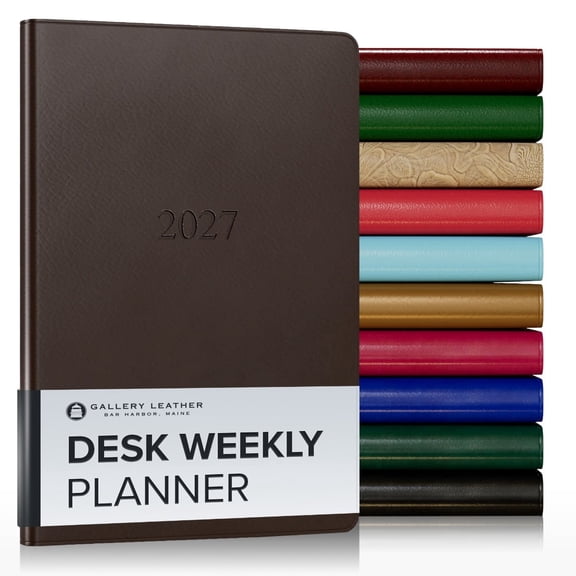 Gallery Leather Desk Weekly Monthly Planner 2027, Elegantly Bound Calendar Planner and Notebook with Stylish Gold-Gilded Page Edges, 12 Months - Freeport Mocha - 8x5.5"