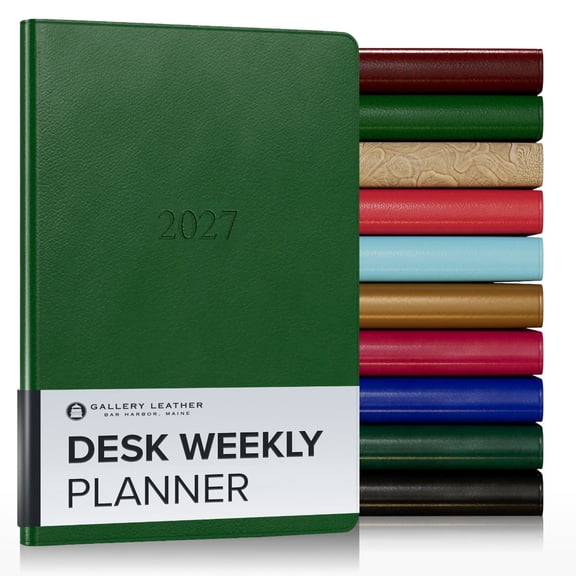 Gallery Leather Desk Weekly Monthly Planner 2027, Elegantly Bound Calendar Planner and Notebook with Stylish Gold-Gilded Page Edges, 12 Months - Monhegan Emerald - 8x5.5"