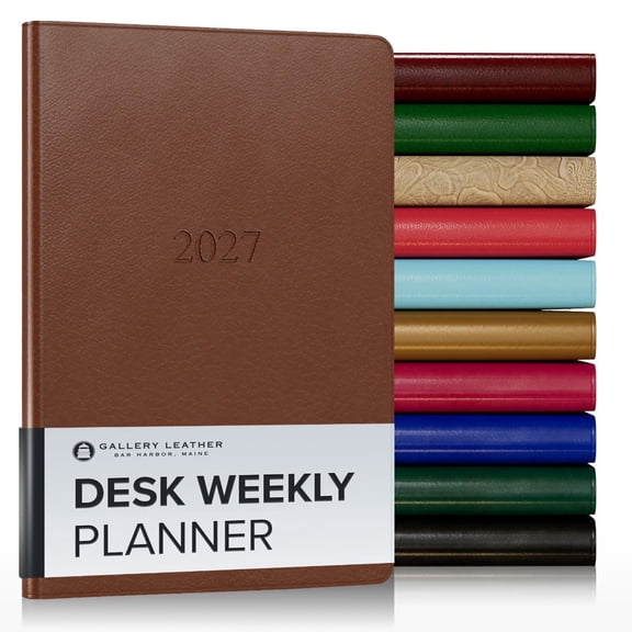 Gallery Leather Desk Weekly Monthly Planner 2027, Elegantly Bound Calendar Planner and Notebook with Stylish Gold-Gilded Page Edges, 12 Months - Monhegan Saddle - 8x5.5"