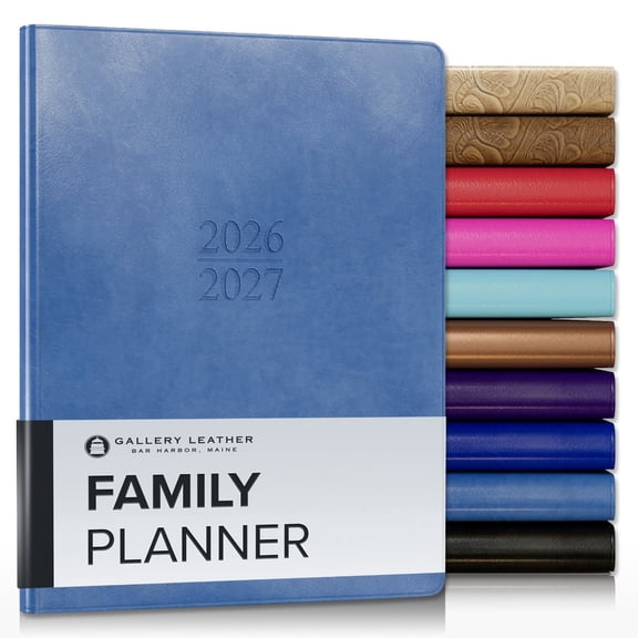 Gallery Leather Family Planner 2027, for moms, Elegantly Bound Calendar Planner and Notebook with Stylish White Page Edges, 18 Months - Acadia Hydrangea - 9x7"