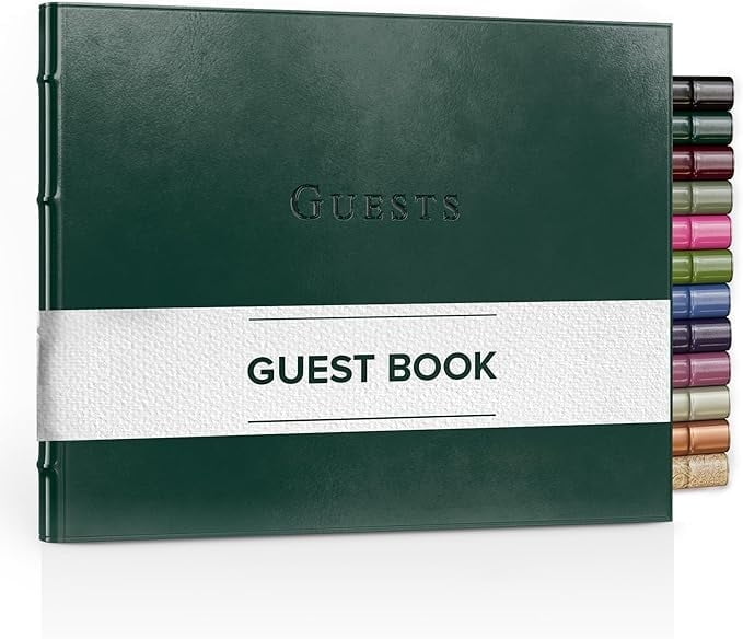 Gallery Leather Guest Book Wedding, Guestbook for Vacation Home, Baby Shower, Party, Special Events, add Polaroid Photos, 192 Lined Pages, Bonded Leather, Hardcover - Acadia Green