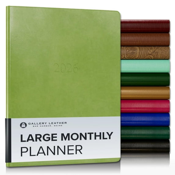 Gallery Leather Large Monthly Planner 2026, Elegantly Bound Calendar Planner and Notebook with Stylish Gold-Gilded Page Edges, 18 Months - Acadia Lime - 9.75 x 7.5 "