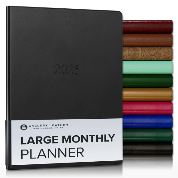 Gallery Leather Large Monthly Planner 2026, Elegantly Bound Calendar Planner and Notebook with Stylish Gold-Gilded Page Edges, 18 Months - Freeport Black - 9.75 x 7.5 "