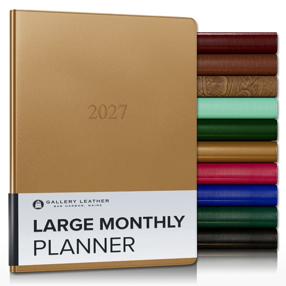 Gallery Leather Large Monthly Planner 2027, Elegantly Bound Calendar Planner and Notebook with Stylish Gold-Gilded Page Edges, 18 Months - Freeport Metallic Gold - 9.75x7.5"