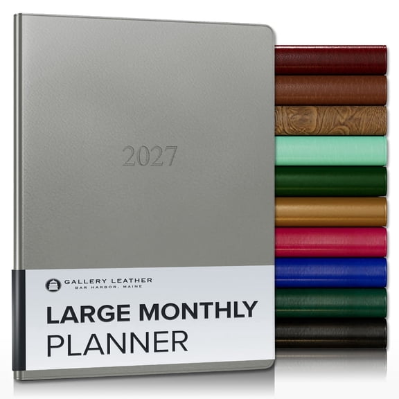 Gallery Leather Large Monthly Planner 2027, Elegantly Bound Calendar Planner and Notebook with Stylish Gold-Gilded Page Edges, 18 Months - Freeport Metallic Silver - 9.75x7.5"