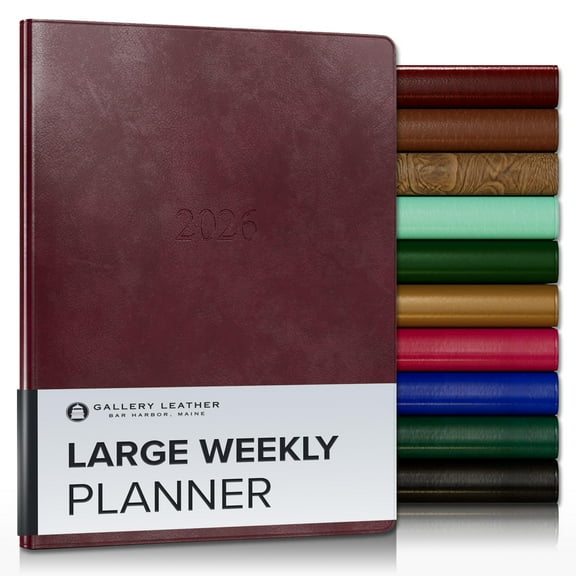 Gallery Leather Large Weekly Monthly Planner 2026, Elegantly Bound Calendar Planner and Notebook with Stylish Gold-Gilded Page Edges, 12 Months - Acadia Burgundy - 9.75 x 7.5 "