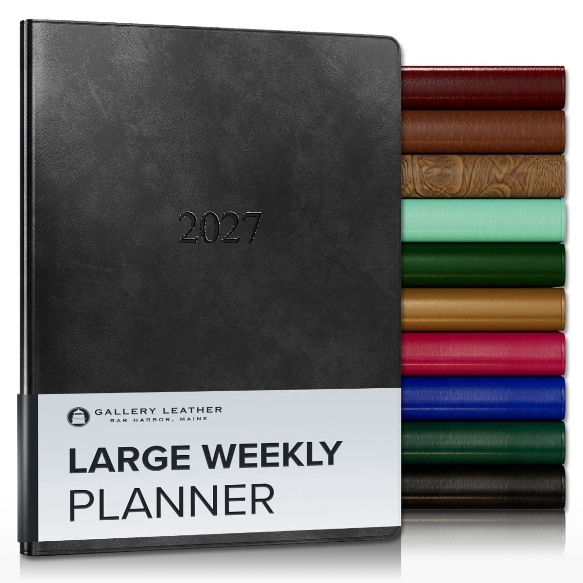 Gallery Leather Large Weekly Monthly Planner 2027, Elegantly Bound Calendar Planner and Notebook with Stylish Gold-Gilded Page Edges, 12 Months - Acadia Black - 9.75x7.5"