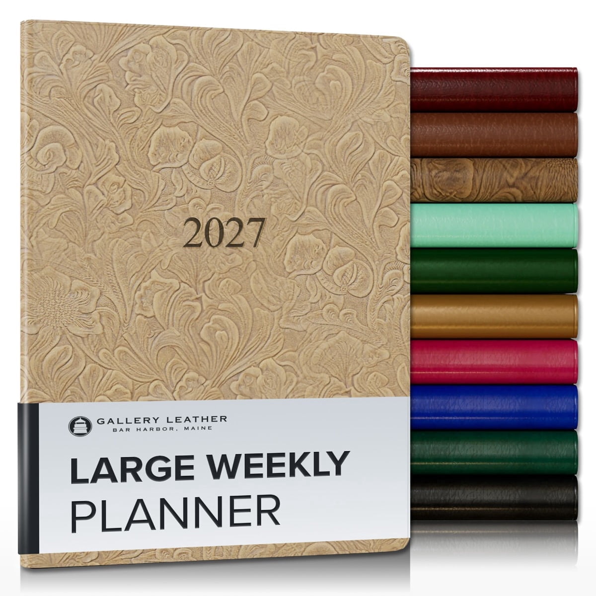 Gallery Leather Large Weekly Monthly Planner 2027, Elegantly Bound Calendar Planner and Notebook with Stylish Gold-Gilded Page Edges, 12 Months - Floral Latte - 9.75x7.5"