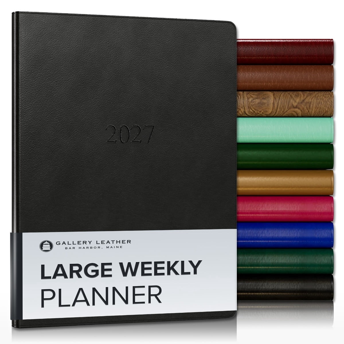 Gallery Leather Large Weekly Monthly Planner 2027, Elegantly Bound Calendar Planner and Notebook with Stylish Gold-Gilded Page Edges, 12 Months - Monhegan Black - 9.75x7.5"