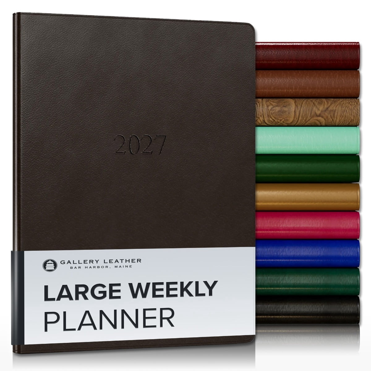 Gallery Leather Large Weekly Monthly Planner 2027, Elegantly Bound Calendar Planner and Notebook with Stylish Gold-Gilded Page Edges, 12 Months - Monhegan Cocoa - 9.75x7.5"