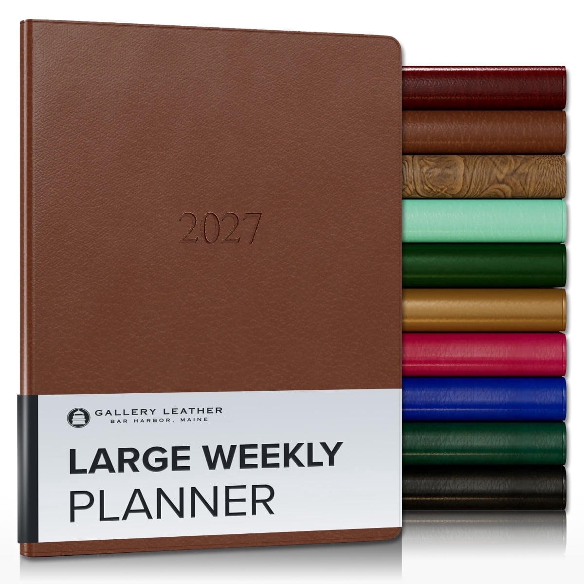 Gallery Leather Large Weekly Monthly Planner 2027, Elegantly Bound Calendar Planner and Notebook with Stylish Gold-Gilded Page Edges, 12 Months - Monhegan Saddle - 9.75x7.5"