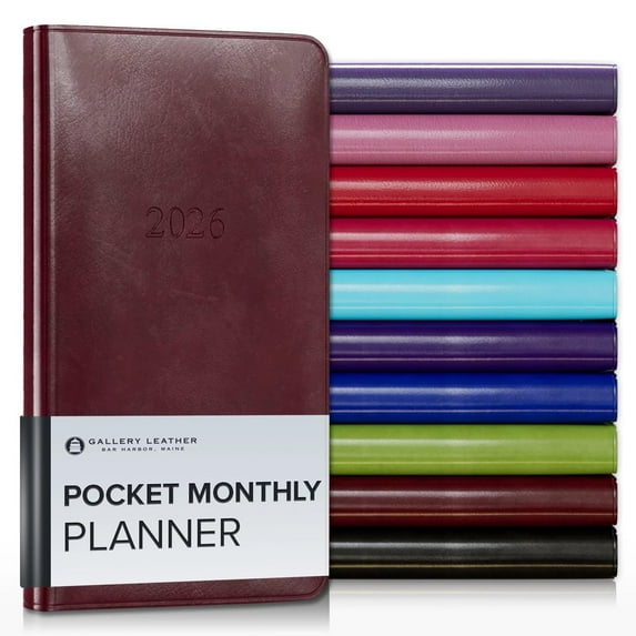 Gallery Leather Pocket Monthly Planner 2026, Elegantly Bound Calendar Planner and Notebook with Stylish Gold-Gilded Page Edges, 18 Months - Acadia Burgundy - 6 x 3.25 "