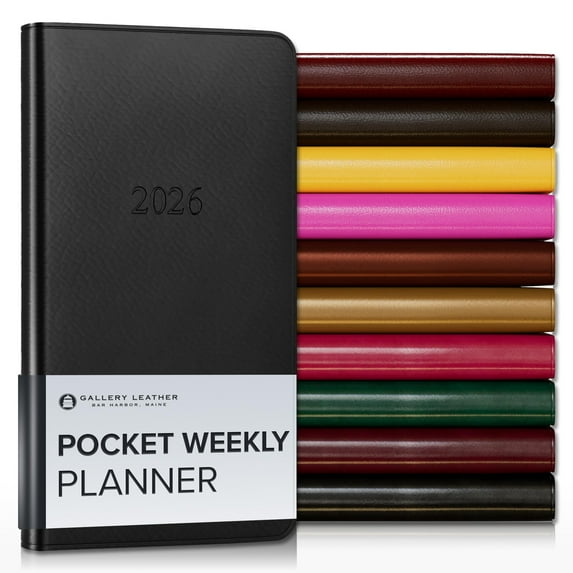 Gallery Leather Pocket Weekly Monthly Planner 2026, Elegantly Bound Calendar Planner and Notebook with Stylish Gold-Gilded Page Edges, 12 Months - Freeport Black - 6 x 3.25 "