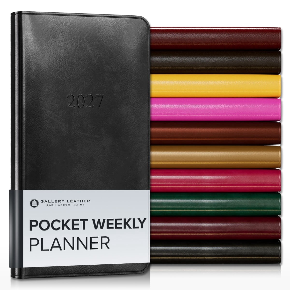 Gallery Leather Pocket Weekly Monthly Planner 2027, Elegantly Bound Calendar Planner and Notebook with Stylish Gold-Gilded Page Edges, 12 Months - Acadia Black - 6x3.25"