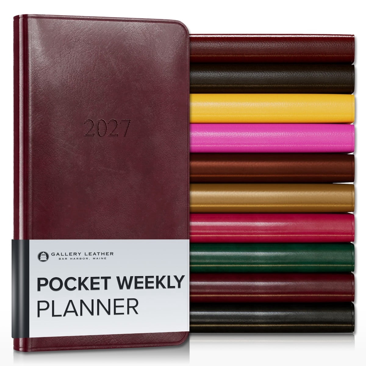 Gallery Leather Pocket Weekly Monthly Planner 2027, Elegantly Bound Calendar Planner and Notebook with Stylish Gold-Gilded Page Edges, 12 Months - Acadia Burgundy - 6x3.25"