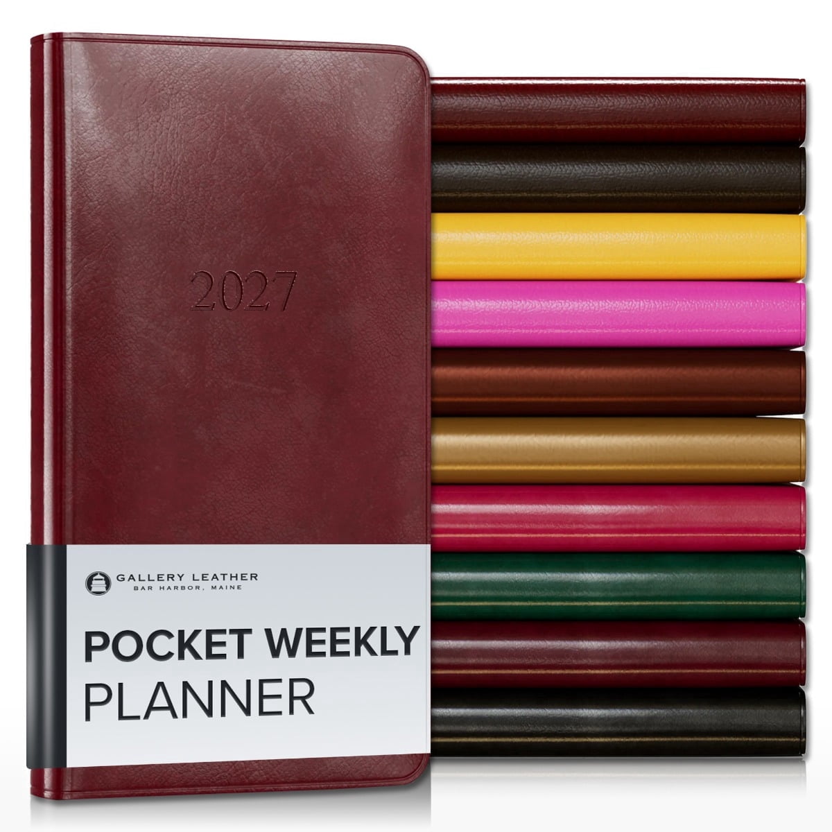 Gallery Leather Pocket Weekly Monthly Planner 2027, Elegantly Bound Calendar Planner and Notebook with Stylish Gold-Gilded Page Edges, 12 Months - Acadia Deep Red - 6x3.25"