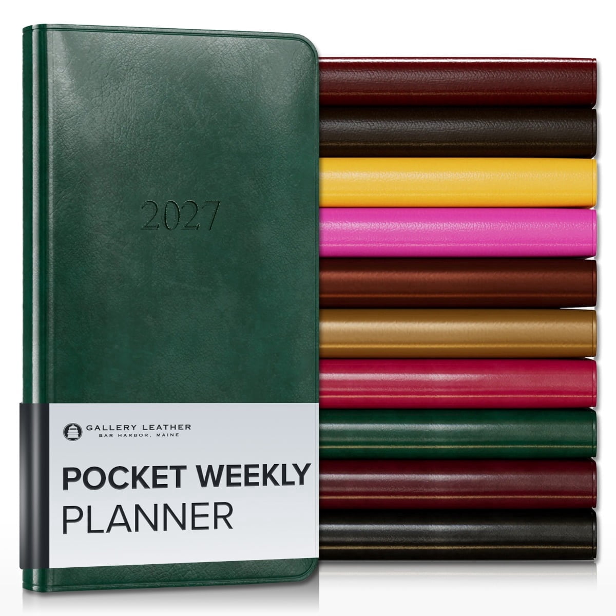Gallery Leather Pocket Weekly Monthly Planner 2027, Elegantly Bound Calendar Planner and Notebook with Stylish Gold-Gilded Page Edges, 12 Months - Acadia Green - 6x3.25"