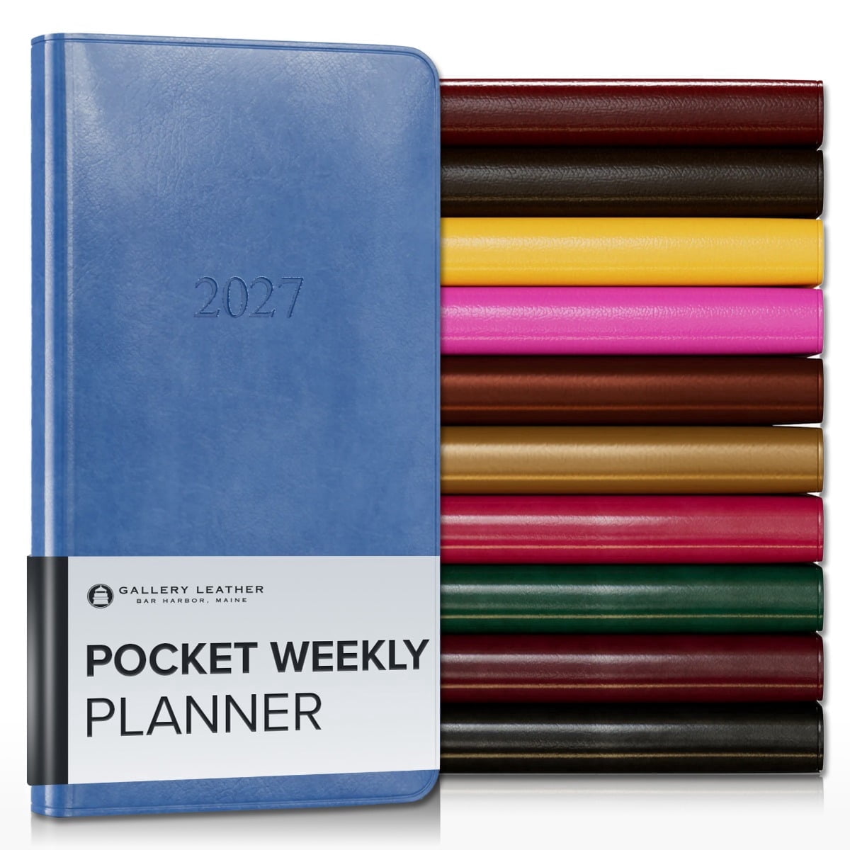 Gallery Leather Pocket Weekly Monthly Planner 2027, Elegantly Bound Calendar Planner and Notebook with Stylish Gold-Gilded Page Edges, 12 Months - Acadia Hydrangea - 6x3.25"