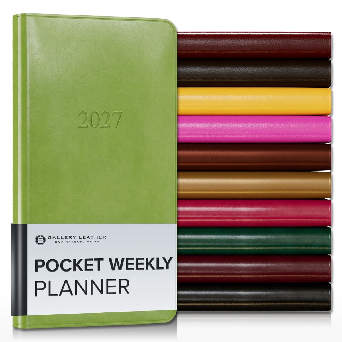 Gallery Leather Pocket Weekly Monthly Planner 2027, Elegantly Bound Calendar Planner and Notebook with Stylish Gold-Gilded Page Edges, 12 Months - Acadia Lime - 6x3.25"