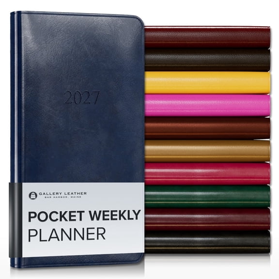 Gallery Leather Pocket Weekly Monthly Planner 2027, Elegantly Bound Calendar Planner and Notebook with Stylish Gold-Gilded Page Edges, 12 Months - Acadia Navy - 6x3.25"