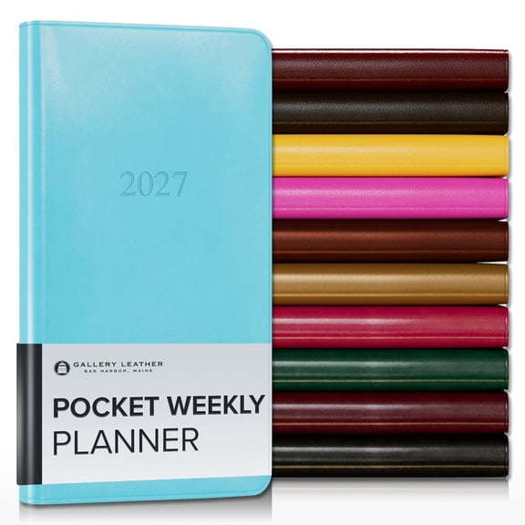 Gallery Leather Pocket Weekly Monthly Planner 2027, Elegantly Bound Calendar Planner and Notebook with Stylish Gold-Gilded Page Edges, 12 Months - Acadia Pool - 6x3.25"