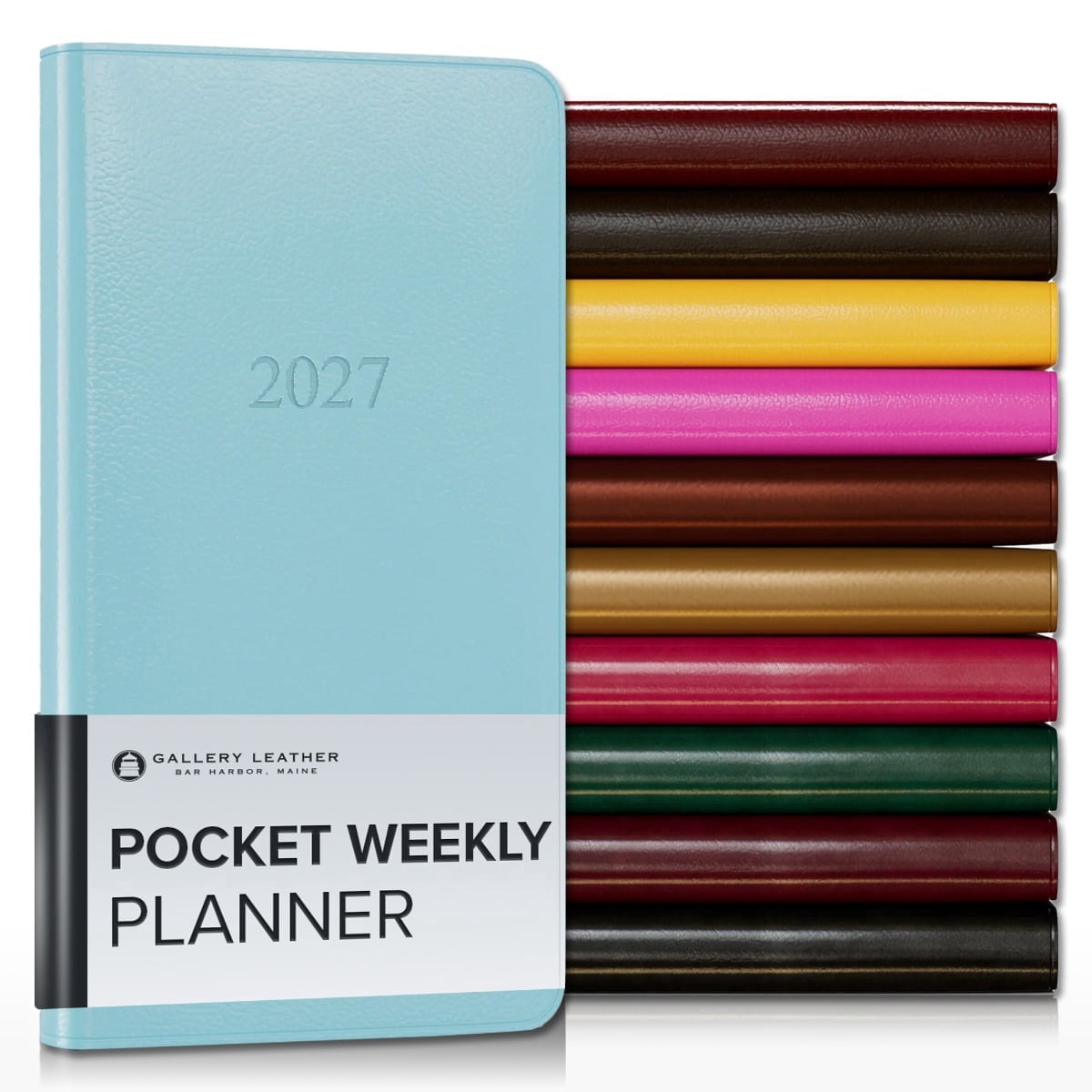 Gallery Leather Pocket Weekly Monthly Planner 2027, Elegantly Bound Calendar Planner and Notebook with Stylish Gold-Gilded Page Edges, 12 Months - Caribbean Aqua - 6x3.25"