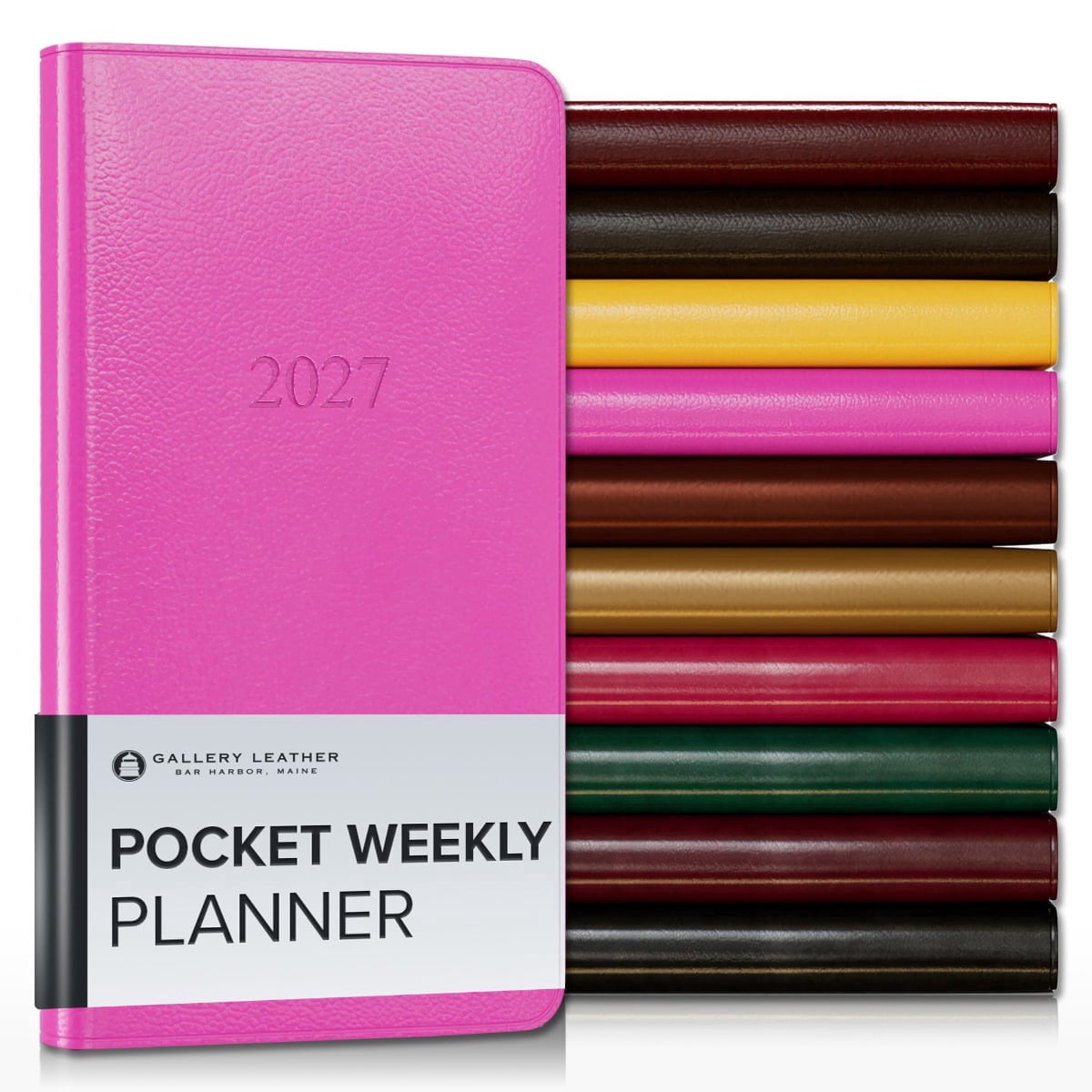 Gallery Leather Pocket Weekly Monthly Planner 2027, Elegantly Bound Calendar Planner and Notebook with Stylish Gold-Gilded Page Edges, 12 Months - Caribbean Fuchsia - 6x3.25"