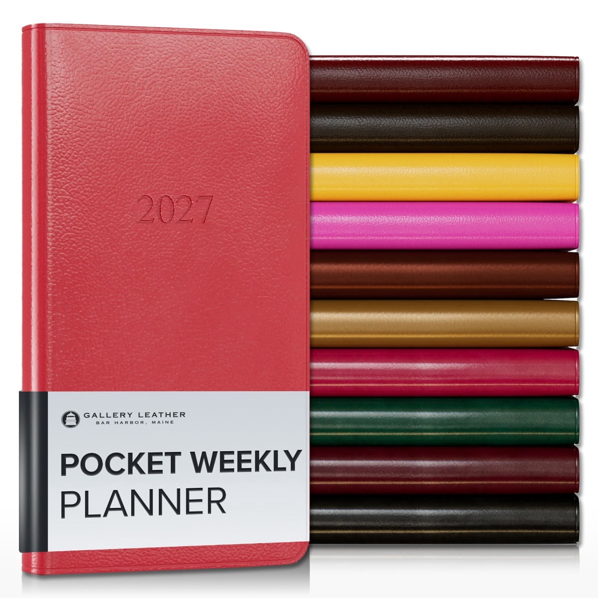 Gallery Leather Pocket Weekly Monthly Planner 2027, Elegantly Bound Calendar Planner and Notebook with Stylish Gold-Gilded Page Edges, 12 Months - Caribbean Red - 6x3.25"