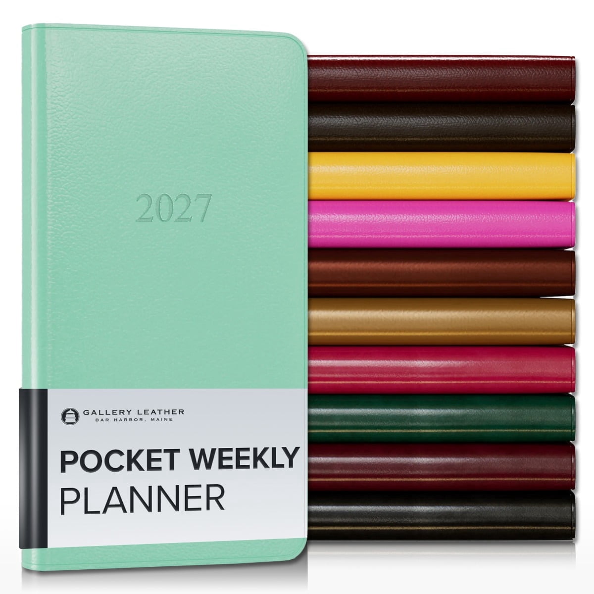 Gallery Leather Pocket Weekly Monthly Planner 2027, Elegantly Bound Calendar Planner and Notebook with Stylish Gold-Gilded Page Edges, 12 Months - Caribbean Sea Glass - 6x3.25"