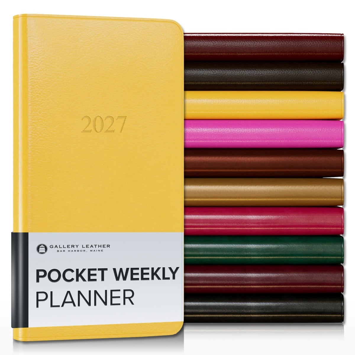 Gallery Leather Pocket Weekly Monthly Planner 2027, Elegantly Bound Calendar Planner and Notebook with Stylish Gold-Gilded Page Edges, 12 Months - Caribbean Yellow - 6x3.25"