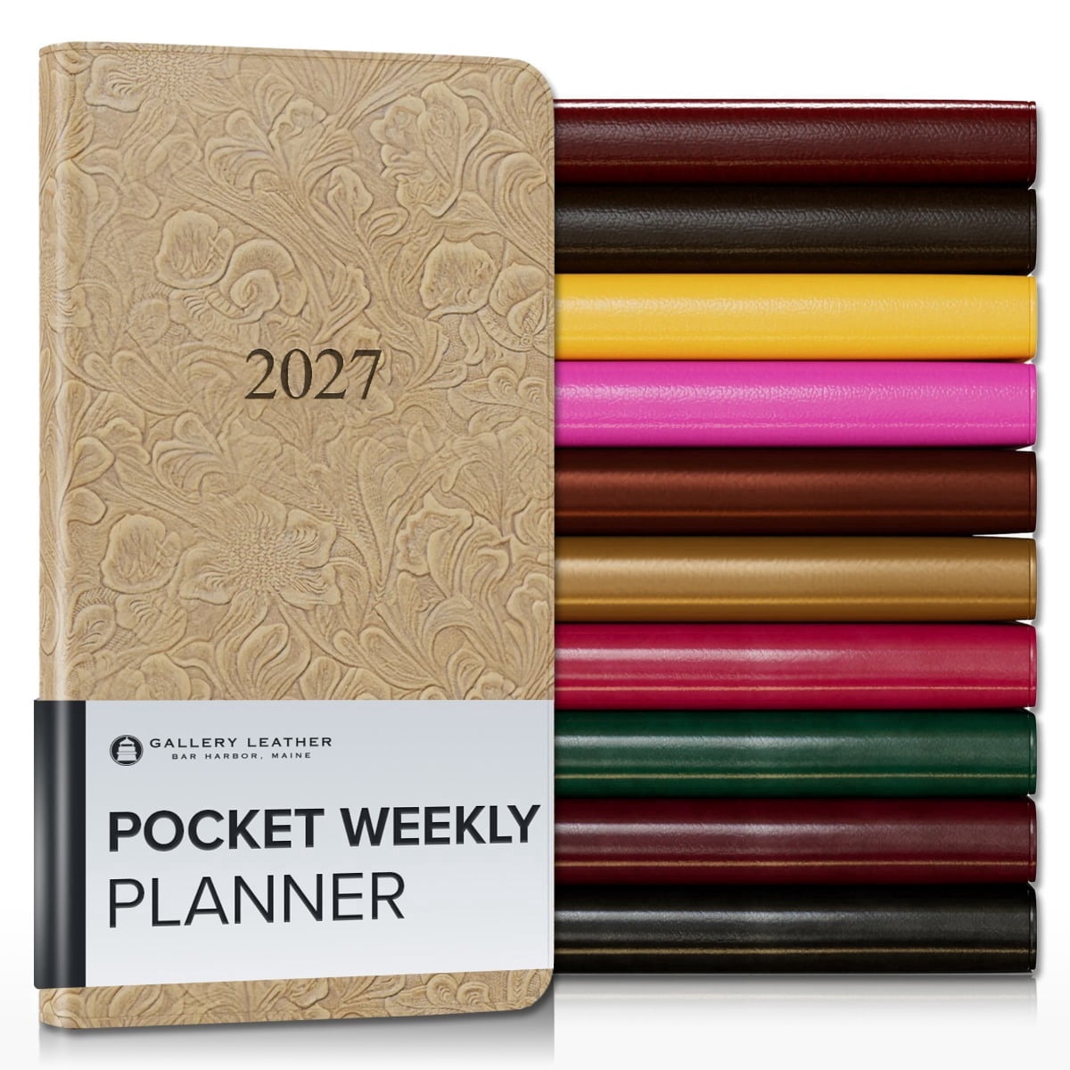 Gallery Leather Pocket Weekly Monthly Planner 2027, Elegantly Bound Calendar Planner and Notebook with Stylish Gold-Gilded Page Edges, 12 Months - Floral Latte - 6x3.25"