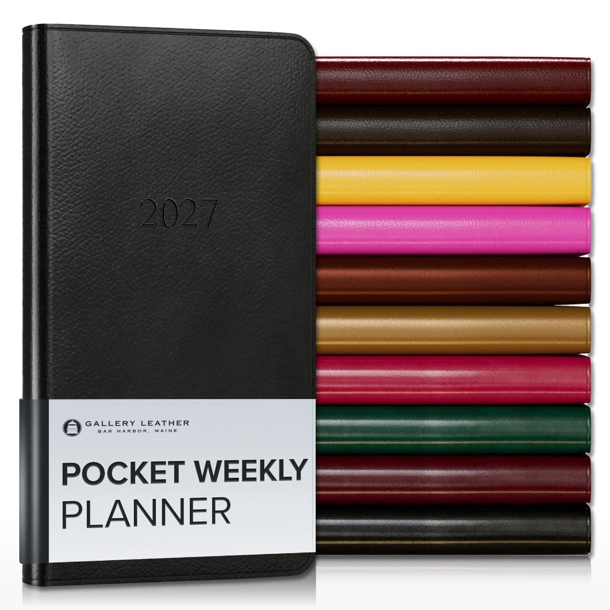 Gallery Leather Pocket Weekly Monthly Planner 2027, Elegantly Bound Calendar Planner and Notebook with Stylish Gold-Gilded Page Edges, 12 Months - Monhegan Black - 6x3.25"