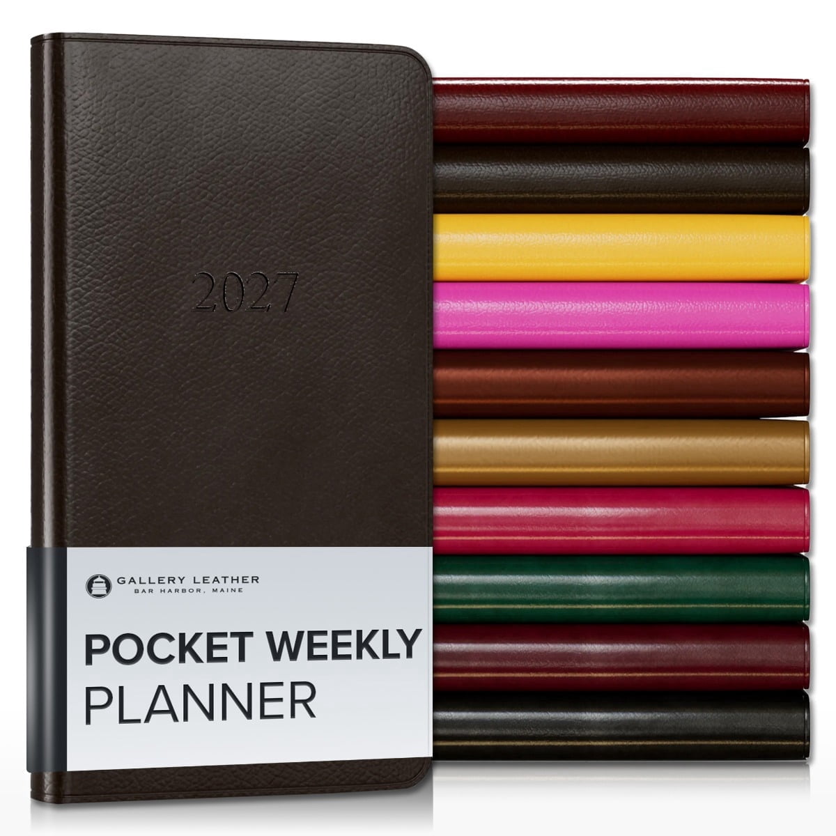 Gallery Leather Pocket Weekly Monthly Planner 2027, Elegantly Bound Calendar Planner and Notebook with Stylish Gold-Gilded Page Edges, 12 Months - Monhegan Cocoa - 6x3.25"