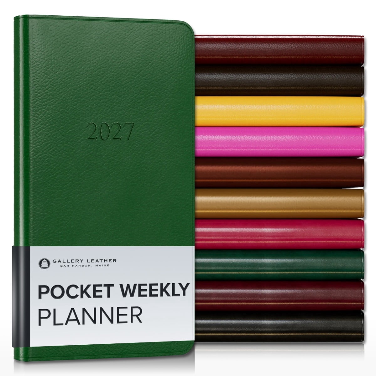 Gallery Leather Pocket Weekly Monthly Planner 2027, Elegantly Bound Calendar Planner and Notebook with Stylish Gold-Gilded Page Edges, 12 Months - Monhegan Emerald - 6x3.25"
