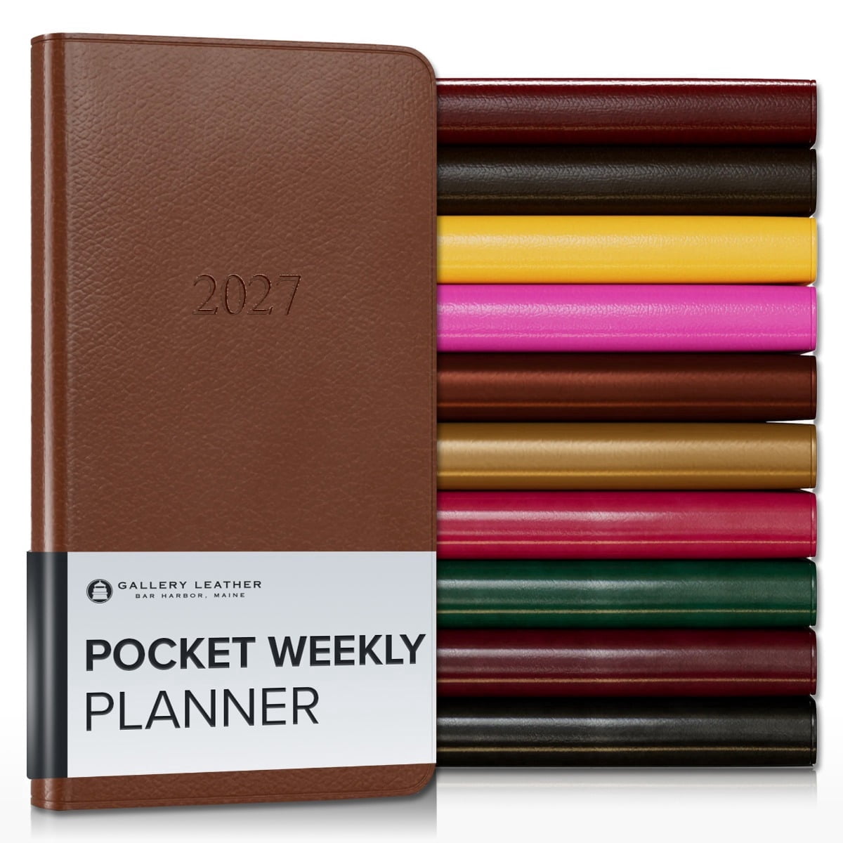 Gallery Leather Pocket Weekly Monthly Planner 2027, Elegantly Bound Calendar Planner and Notebook with Stylish Gold-Gilded Page Edges, 12 Months - Monhegan Saddle - 6x3.25"
