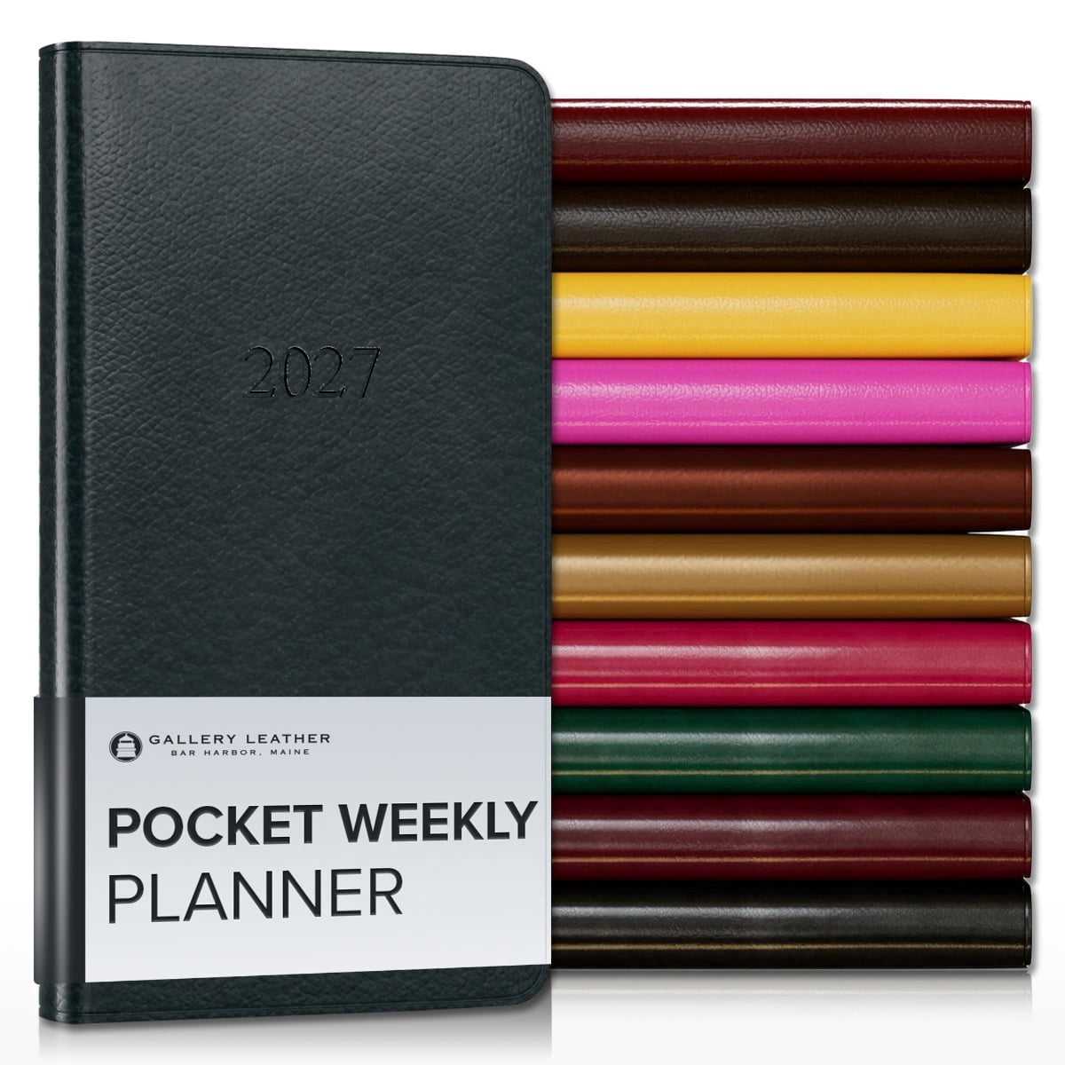 Gallery Leather Pocket Weekly Monthly Planner 2027, Elegantly Bound Calendar Planner and Notebook with Stylish Gold-Gilded Page Edges, 12 Months - Tremont Atlantic - 6x3.25"