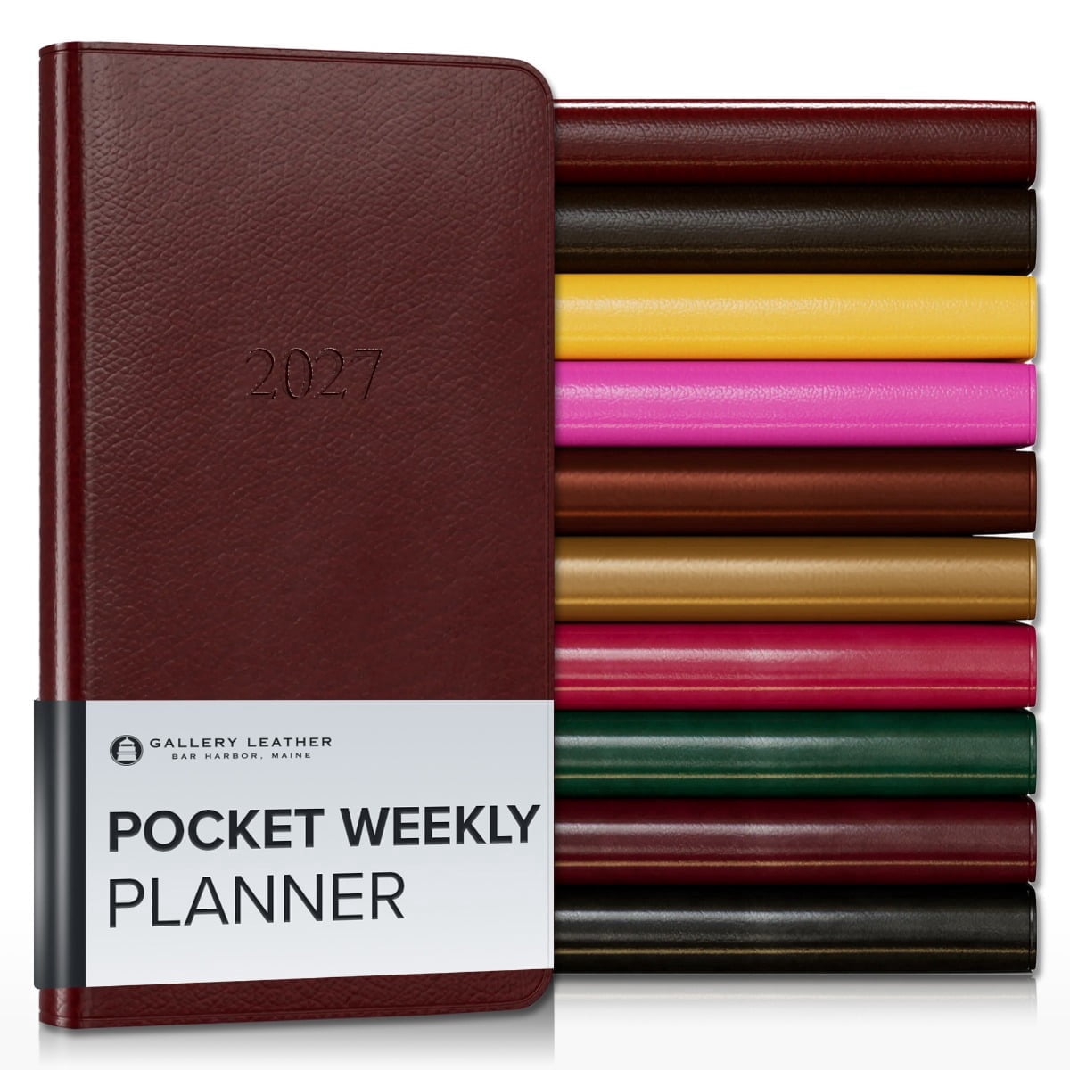 Gallery Leather Pocket Weekly Monthly Planner 2027, Elegantly Bound Calendar Planner and Notebook with Stylish Gold-Gilded Page Edges, 12 Months - Tremont Garnet - 6x3.25"
