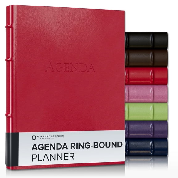 Gallery Leather Agenda Planner 2027, 3-Ring Bound Weekly Monthly Calendar Planner and Notebook with Gold-Gilded Page Edges, 12 Months - Camden Red - 9x7"