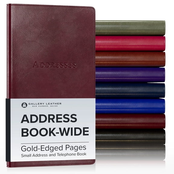 Gallery Leather Small Wide Address Book with Alphabetical Tabs up to 403 records, Leather Notebook Hardcover, Telephone and Address Books 6 x 4.25 ", Acadia Burgundy