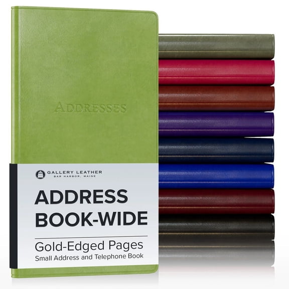 Gallery Leather Small Wide Address Book with Alphabetical Tabs up to 403 records, Leather Notebook Hardcover, Telephone and Address Books 6 x 4.25 ", Acadia Lime