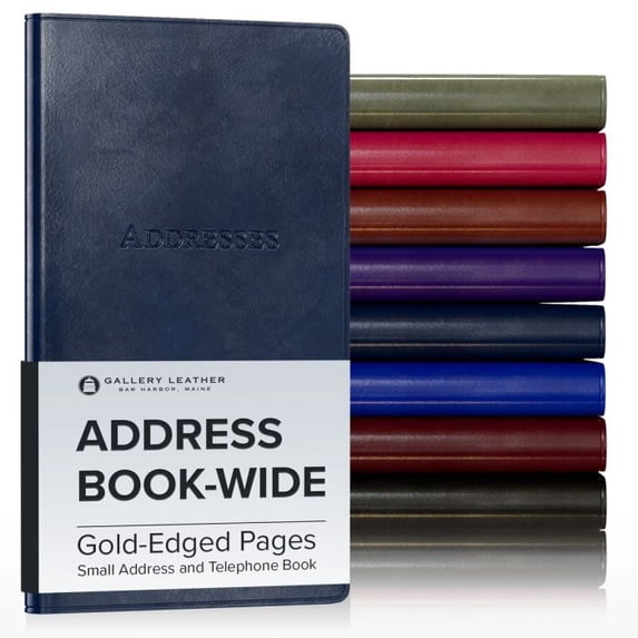 Gallery Leather Small Wide Address Book with Alphabetical Tabs up to 403 records, Leather Notebook Hardcover, Telephone and Address Books 6 x 4.25 ", Acadia Navy