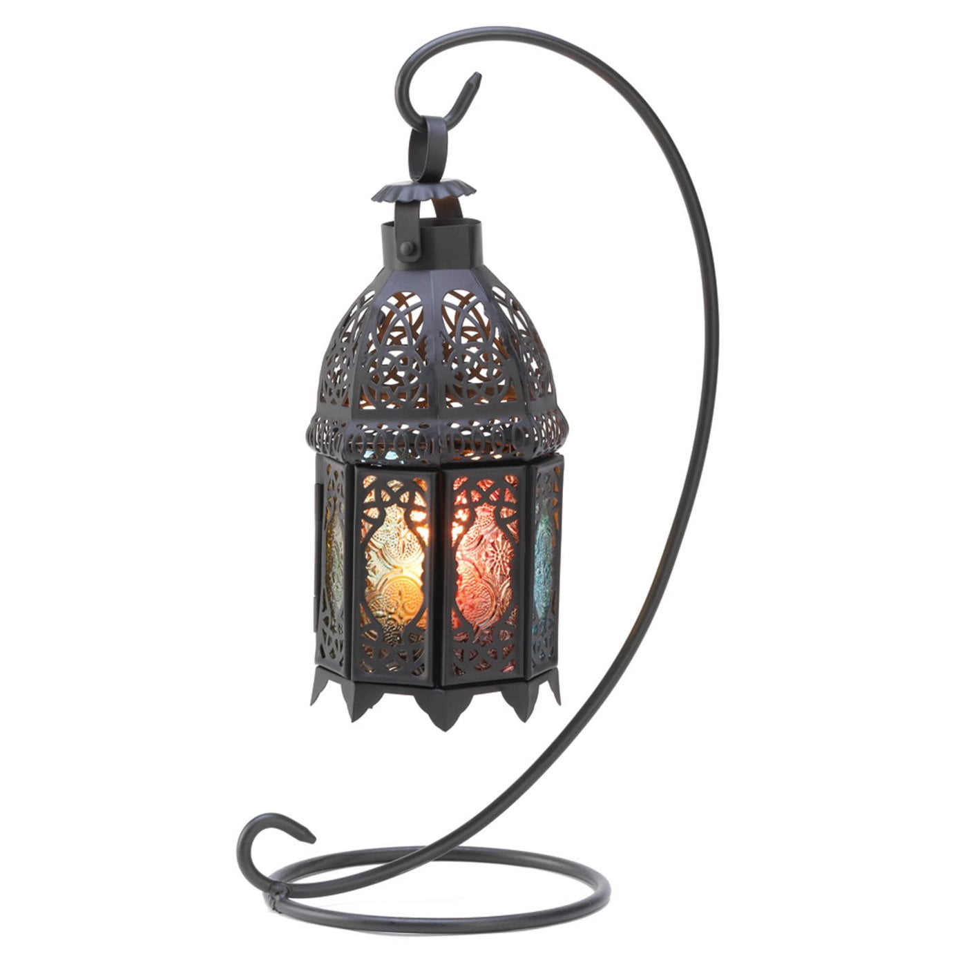 Rainbow Moroccan Iron and Glass Hanging Tabletop Lantern