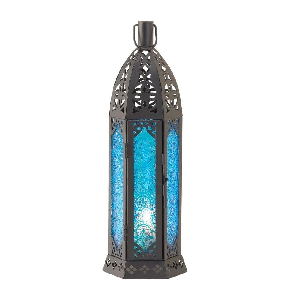 Tall Mediterranean Blue Iron and Glass Hanging Candle Lantern
