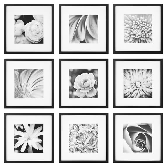 Gallery Perfect's 9-Piece, Gallery Wall Frame for 8" x 8" or 12" x 12" Photos - Black