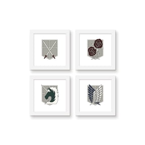 Gallery Pops Attack on Titan - Regiment Emblem Wall Art Bundle (4-Pack), White Framed Version, 12" x 12"