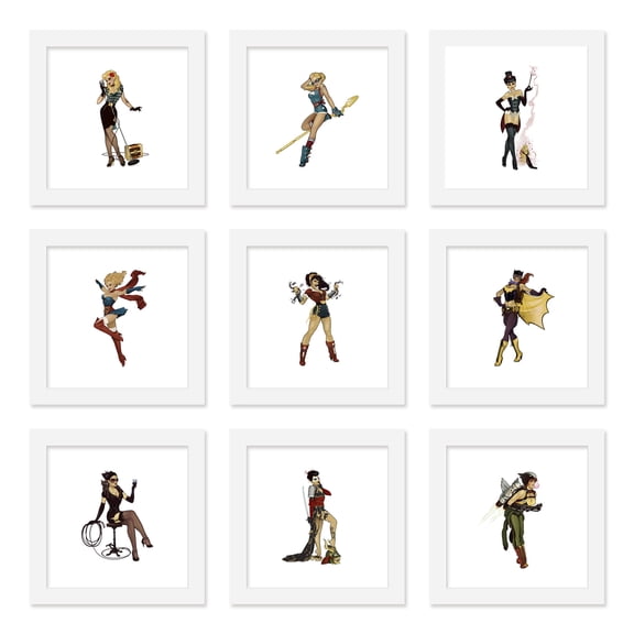 Gallery Pops DC Comics Bombshells - The Justice League Pinups Wall Art Bundle (9-Pack), White Framed Version, 12" x 12"