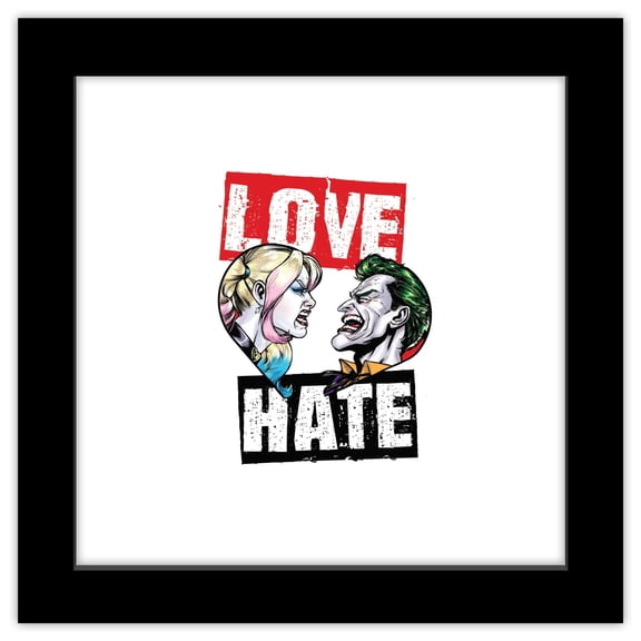 Gallery Pops DC Comics Harley Quinn - Harley Joker Love Hate Wall Art, Black Framed Version, 12" x 12"