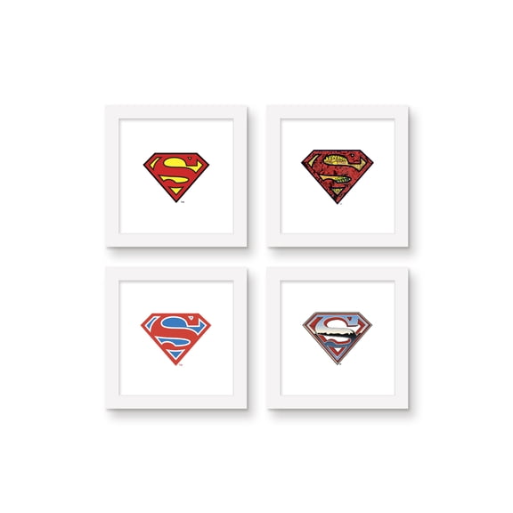 Gallery Pops DC Comics Superman - S-Shield Wall Art Bundle (4-Pack), White Framed Version, 12" x 12"