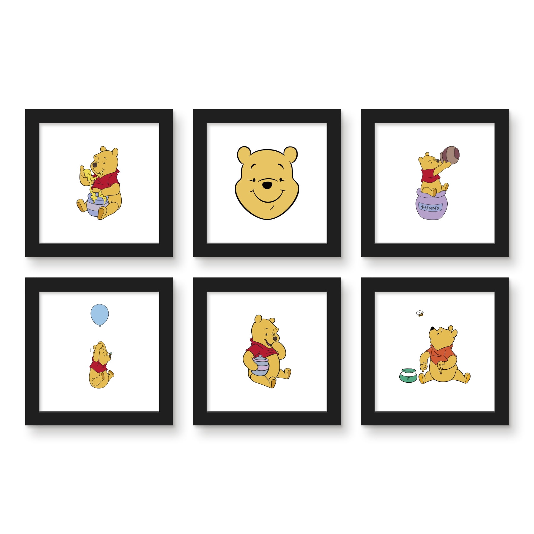 Gallery Pops Disney Winnie The Pooh - Classic Pooh Wall Art Bundle (6-Pack), Black Framed Version, 12" x 12"
