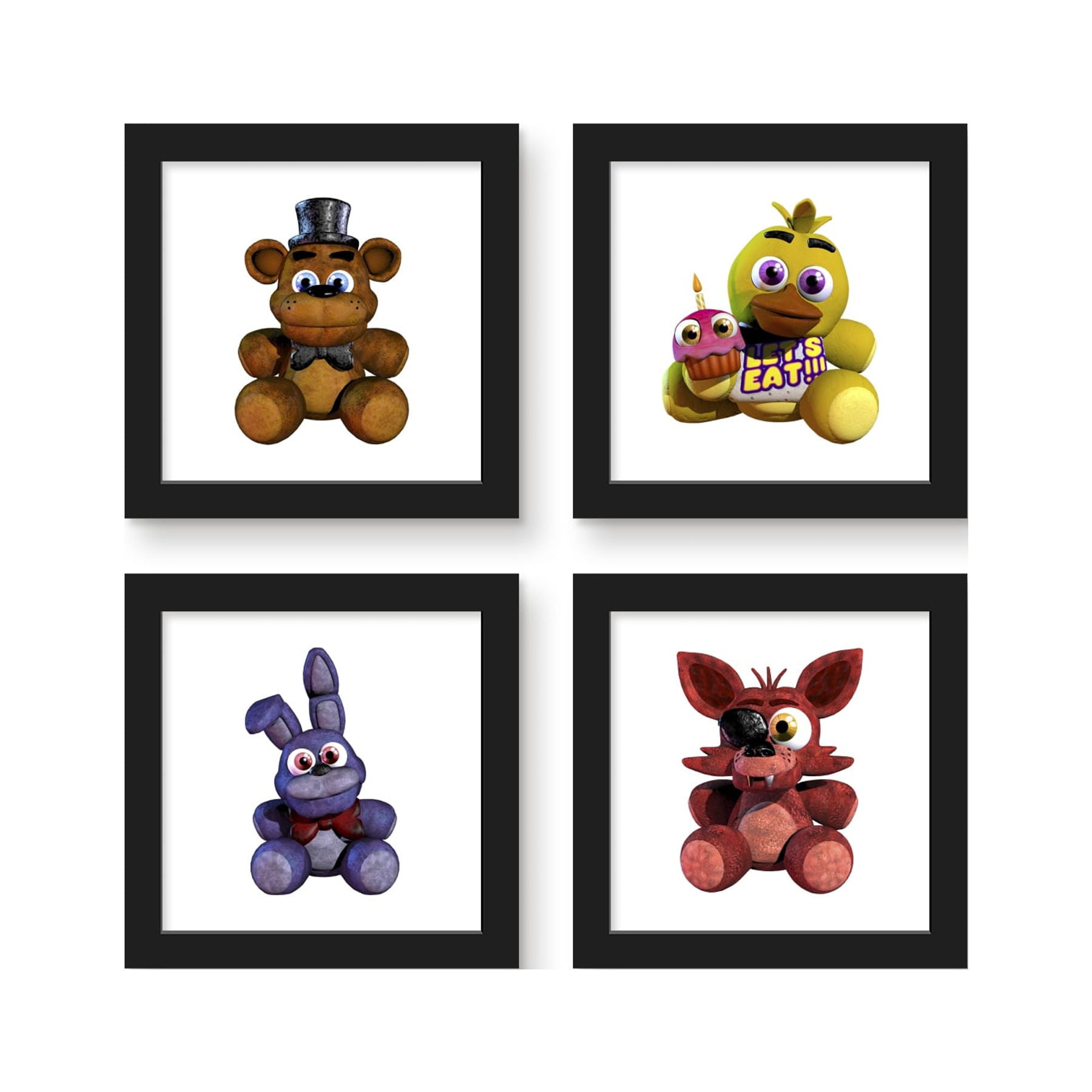 Gallery Pops Five Nights At Freddy's - Plushie Wall Art Bundle (4-Pack), Black Framed Version, 12" x 12"